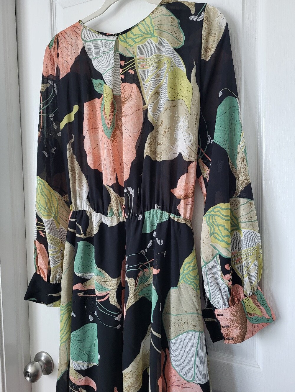 Xtaren Black Chiffon Maxi Dress with Pink & Green Floral Print - Picture 5 of 8